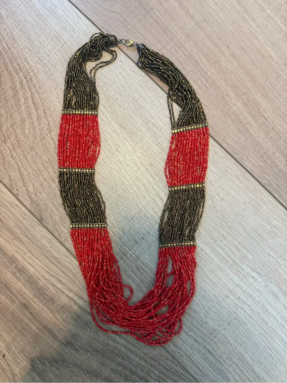 ♥️Red Gold Multi Strand Beaded Statement Necklace Boho Layered Jewelry